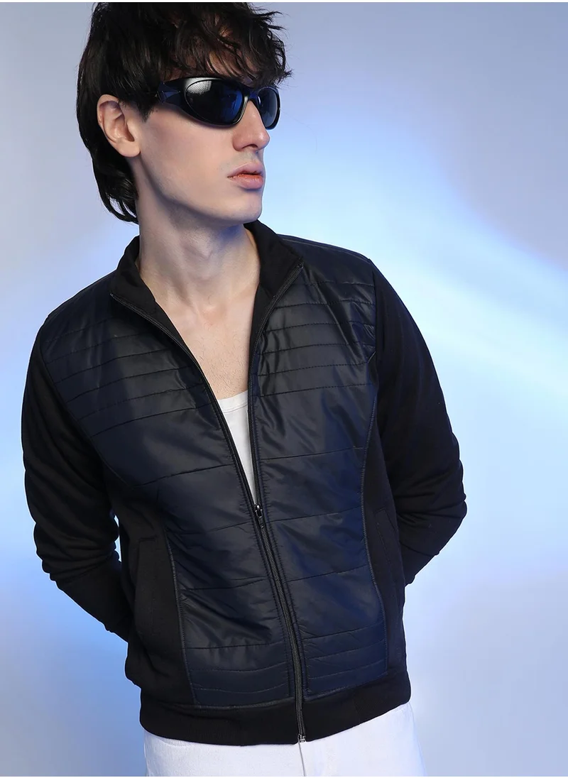 Campus Sutra Men's Black Zip-Front Jacket With Quilted Detail