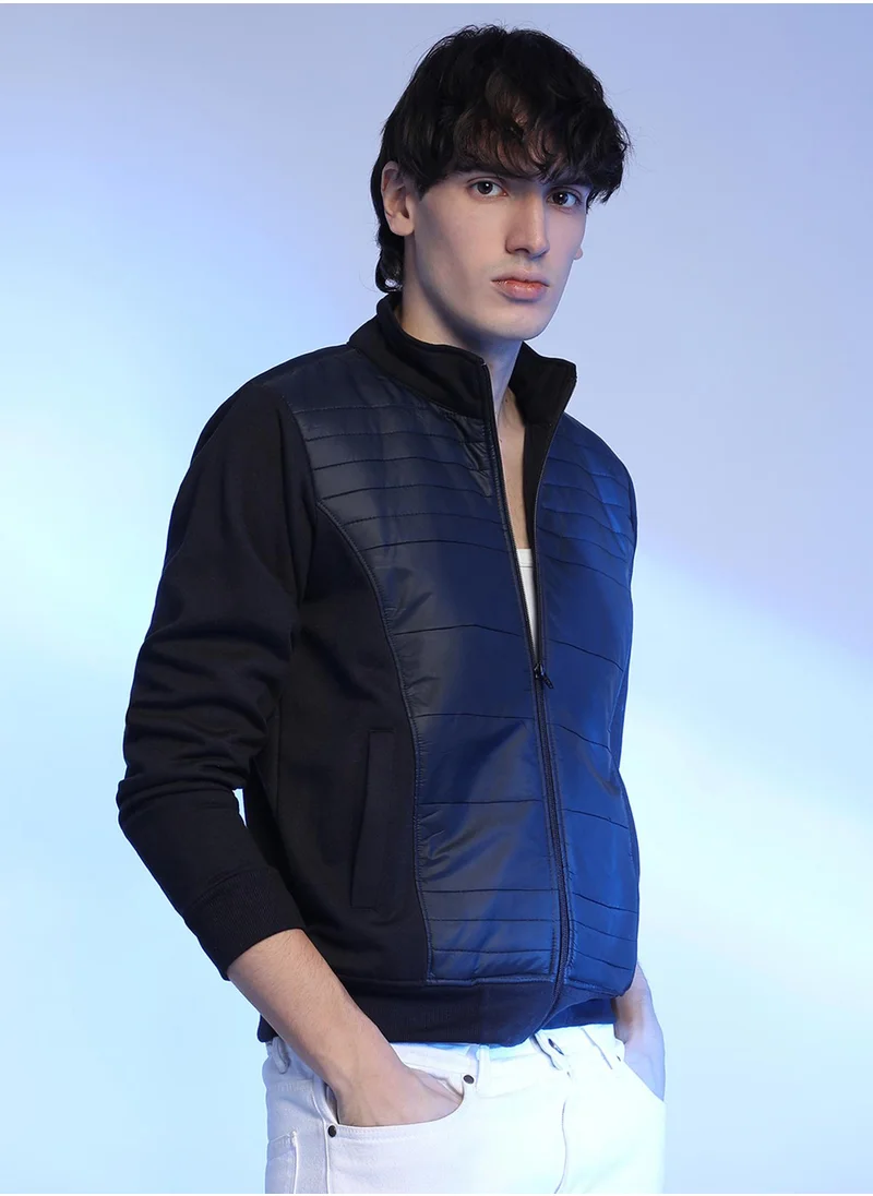 Campus Sutra Men's Black Zip-Front Jacket With Quilted Detail