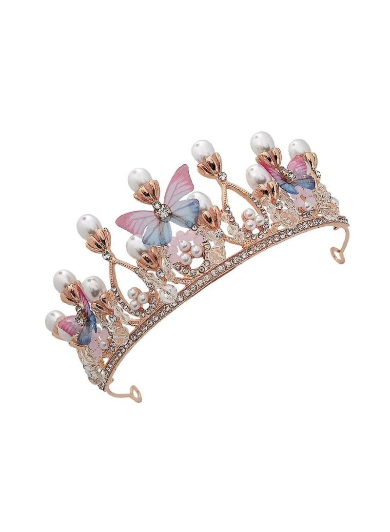Crystal Tiara Crown with Flower Butterfly Design, Jewelry Headband Gift for Carnival, Fancy Dress Wedding, Prom, Birthday Party for Girls Aged 5-16 (14x5 cm) - Image 1