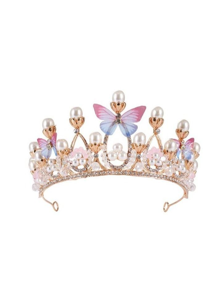 Crystal Tiara Crown with Flower Butterfly Design, Jewelry Headband Gift for Carnival, Fancy Dress Wedding, Prom, Birthday Party for Girls Aged 5-16 (14x5 cm) - Image 4