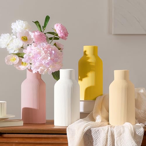 Mfacoy Ceramic Flower Vase, Minimalist Decor, Modern Home Decorative Vase, Small Pampas Grass Vases for Kitchen Bedroom Office Living Room Bathroom Shelf Centerpiece Table Decorations (Yellow) - Image 5