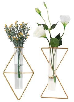 2 Pack Nordic Wall Vase Nordic Gold Wall Vase Gold Hanging Geometric Metal Vase Hanging Hydroponic Planter Wall Mounted Glass Tube Bud Vase Decorative For Centerpieces Wedding Home Decor