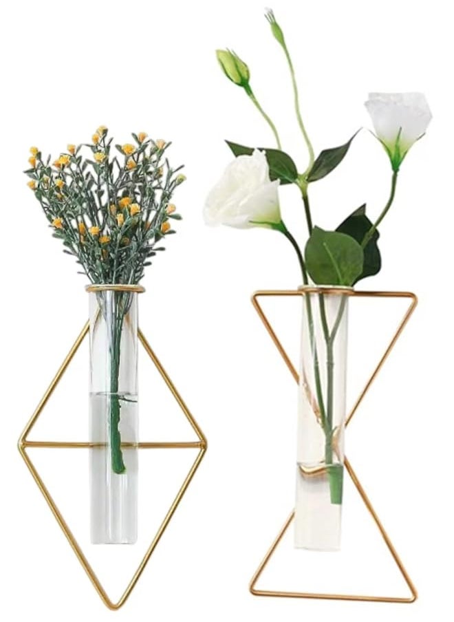 erorex - 2 Pack Nordic Wall Vase Nordic Gold Wall Vase Gold Hanging Geometric Metal Vase Hanging Hydroponic Planter Wall Mounted Glass Tube Bud Vase Decorative For Centerpieces Wedding Home Decor - Image 1