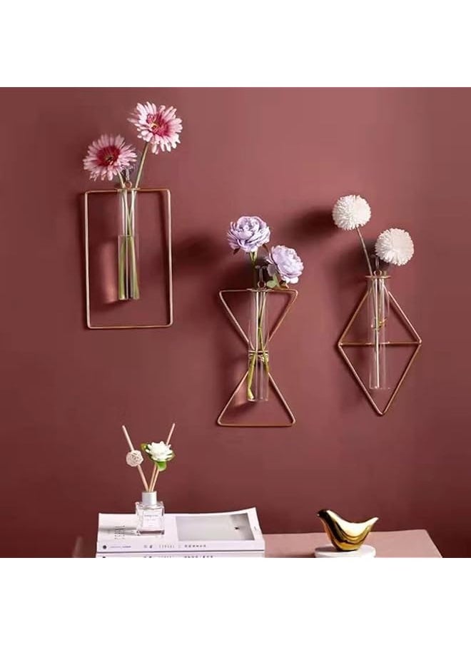 erorex - 2 Pack Nordic Wall Vase Nordic Gold Wall Vase Gold Hanging Geometric Metal Vase Hanging Hydroponic Planter Wall Mounted Glass Tube Bud Vase Decorative For Centerpieces Wedding Home Decor - Image 1