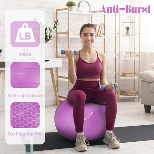 Fitvids كرة تمارين فيتفيدز المضادة للانفجار والمقاومة للانزلاق، كرة يوغا، كرة لياقة بدنية، كرة ولادة مع مضخة سريعة، سعة 2,000 رطل، بنفسجي، 22 بوصة، م - Image 4