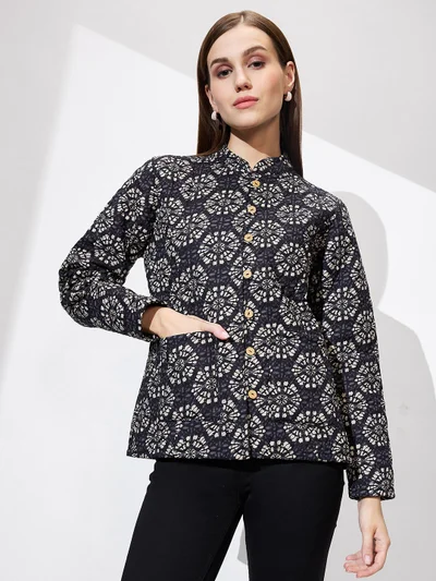 globus Women Mandarin Collar Ethnic Print Relaxed Fit Quilted Reversible Winter Shrug