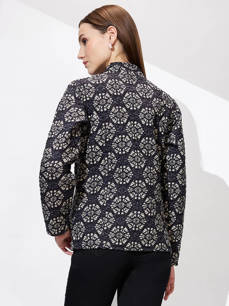 globus Globus Women Mandarin Collar Ethnic Print Relaxed Fit Quilted Reversible Winter Shrug