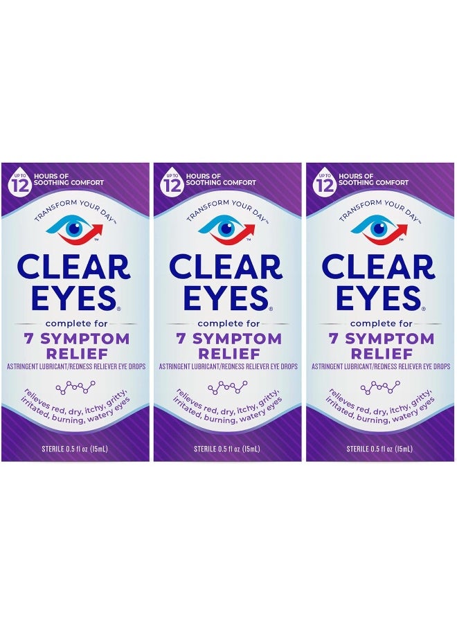 Clear Eyes Clear Eyes Eye Drops, Complete 7 Symptom Relief, 0.5 Fl Oz (Pack of 3)  - Image 1