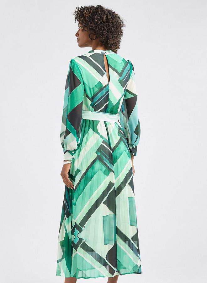 سبلاش فيڤ فستان إيه لاين بطبعات وحزام وأكمام طويلة - Image 3