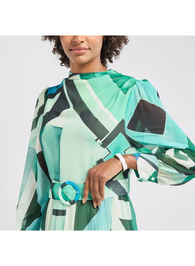 سبلاش فيڤ فستان إيه لاين بطبعات وحزام وأكمام طويلة - Image 4