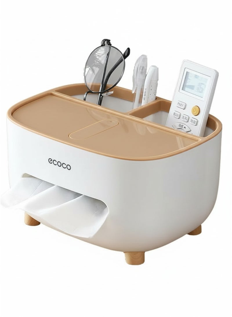 إيكوكو حامل مناديل، غطاء علبة مناديل مع مساحة تخزين، صندوق تخزين سطح المكتب، موزع حامل مناديل مناسب للطاولة الليلية، خزانة الملابس، المطبخ، سطح الطاولة، الحمام، طاولة المكتب - ابيض/بنى - Image 2