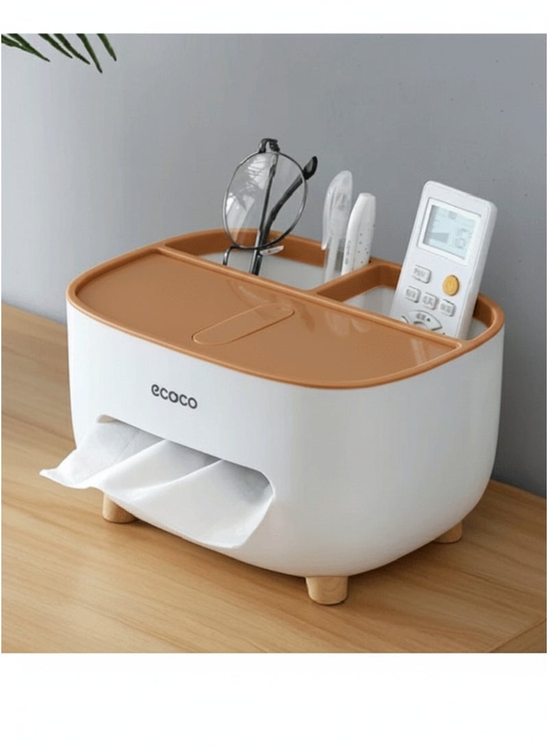 إيكوكو حامل مناديل، غطاء علبة مناديل مع مساحة تخزين، صندوق تخزين سطح المكتب، موزع حامل مناديل مناسب للطاولة الليلية، خزانة الملابس، المطبخ، سطح الطاولة، الحمام، طاولة المكتب - ابيض/بنى - Image 1