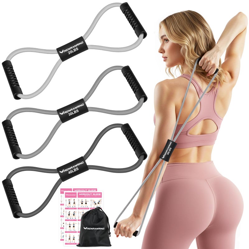 RENRANRING Resistance Bands, Figure 8 Fitness Exercise Bands with Handles - 8 Shaped Resistance Bands of 3 for Arm and Shoulder Stretch, Rope 8 Word Elastic for Women and Men - Image 1