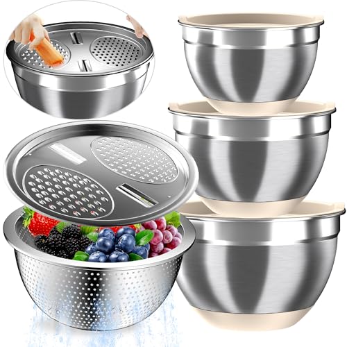 Nicdiet Mixing Bowls with Airtight Lids, Stainless Steel Mixing Bowl Set with 3 Metal Nesting Bowls, Colander & Grater, Non-Slip Bottoms, Size 1.5, 2.5, 5 QT, Great for Mixing & Serving, Khaki - Image 1