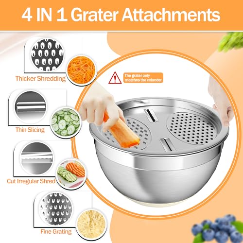 Nicdiet Mixing Bowls with Airtight Lids, Stainless Steel Mixing Bowl Set with 3 Metal Nesting Bowls, Colander & Grater, Non-Slip Bottoms, Size 1.5, 2.5, 5 QT, Great for Mixing & Serving, Khaki - Image 5