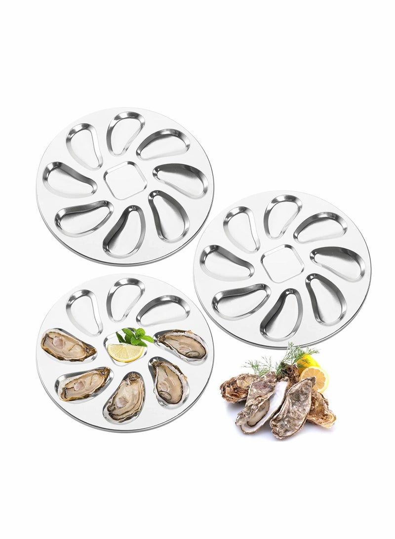 SYOSI Oyster Plate, Stainless Steel Oyster Plate, 3Pcs Grill Pan Serving Trays, 8 Slots Oyster Grill Pan, Oyster Shell Shaped Tray for Oysters, Sauce and Lemons, for Home Restaurant (9.8 Inch) - Image 1