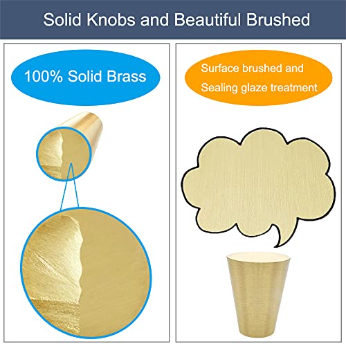 YEWLACA 4Pcs Solid Brass Knobs, Brushed Gold Pure Copper Cone Decorative Knob Mid Century Pull Handles for Kitchen Cabinet Drawer Dresser, Modern Furniture Hardware with Screws - Image 2