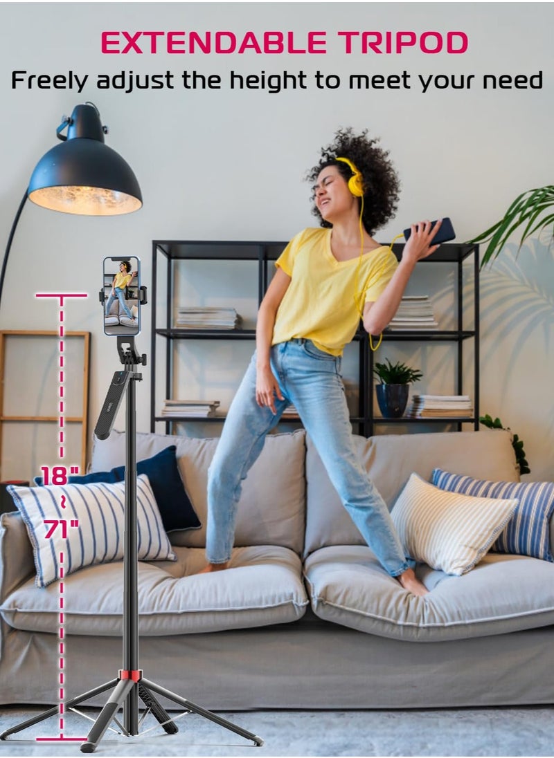 Ulanzi ULANZI MA09 Extendable Phone Tripod, 71" Selfie Stick Phone Vlog Tripod Stand Quadrapod with All in 1 Phone Clip, Travel Tripod Phone Holder w Rechargeable Remote for iPhone Sony Canon Action Camera  - Image 5