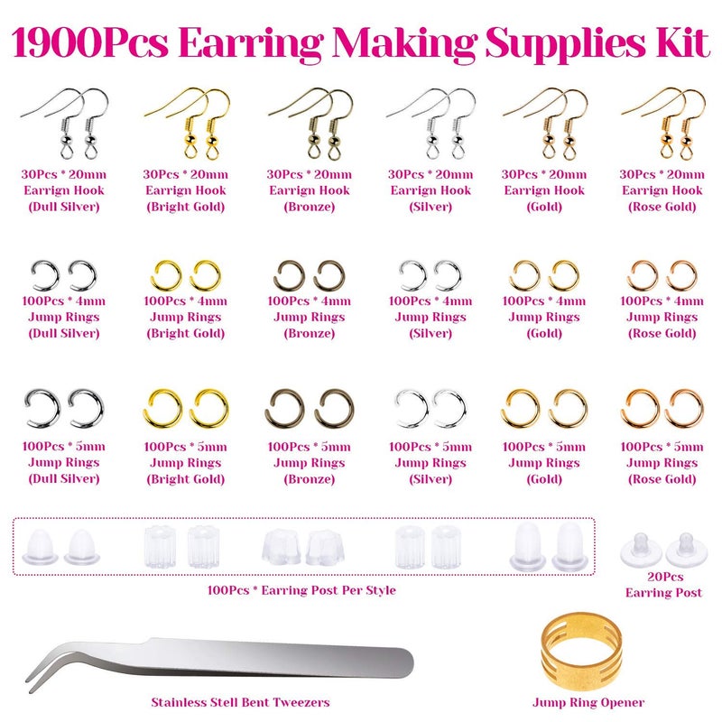anezus Earring Hooks, Anezus 1900Pcs Earring Making Supplies Kit with Jewelry Hooks, Fish Hook Earrings, Earring Backs, Jump Rings for Jewelry Making and Earring Repair,Gifts for Women - Image 3