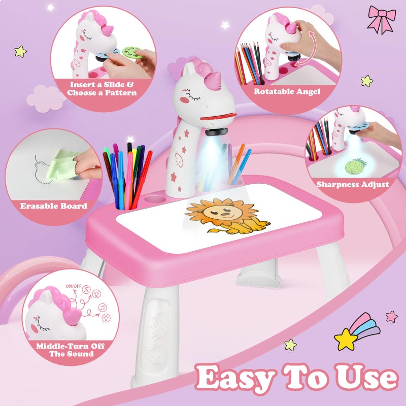 Hoarosall Drawing Projector for Kids, Art and Crafts, Drawing Board with Music, Color Pens, Pencils, Crayons, Scrapbook, Unicorn Sticker Book, Ideal Toy for 3+ Year Old Girls & Boys (Unicorn Kit) - Image 3