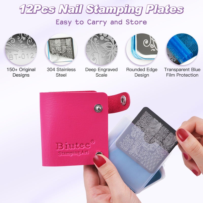 Biutee Nail Stamper Kit 12Pcs Nail Stamping Plate 8Pcs Stamping Gel Polish Nail Stamping Kit with Silicone Stamper Scraper Storage Bag Lace Plaid Stamp Template Christmas Gift for Women - Image 3