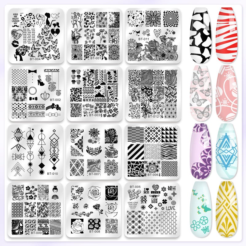 Biutee Nail Stamper Kit 12Pcs Nail Stamping Plate 8Pcs Stamping Gel Polish Nail Stamping Kit with Silicone Stamper Scraper Storage Bag Lace Plaid Stamp Template Christmas Gift for Women - Image 2
