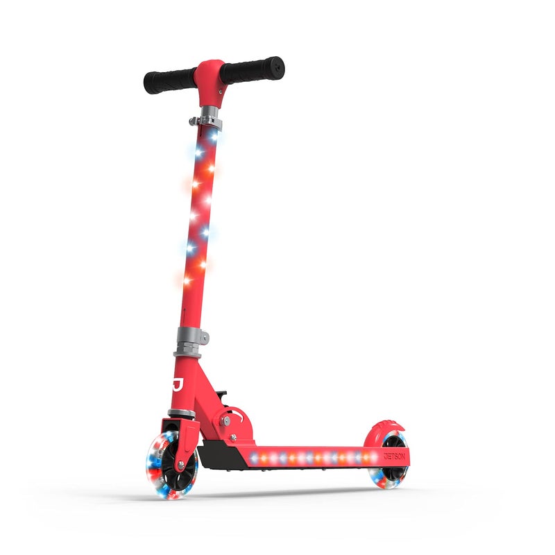 Jetson Scooters - Jupiter Kick Scooter (Red) - Collapsible Portable Kids Push Scooter - Lightweight Folding Design with High Visibility RGB Light Up LEDs on Stem, Wheels, and Deck - Image 1