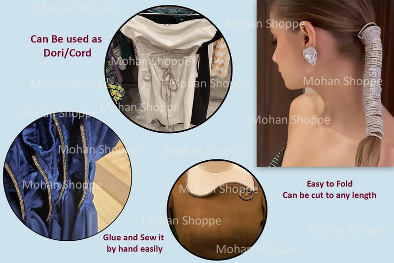Mohan Shoppe Crystal Rhinestone Shiny Glitter Rope Chain String Bridal Applique Bling Drawstring Cords Replacement Drawstring Rope Shorts Hoodies Rhinestone Cord Trim (1 Meter, Golden) - Image 3