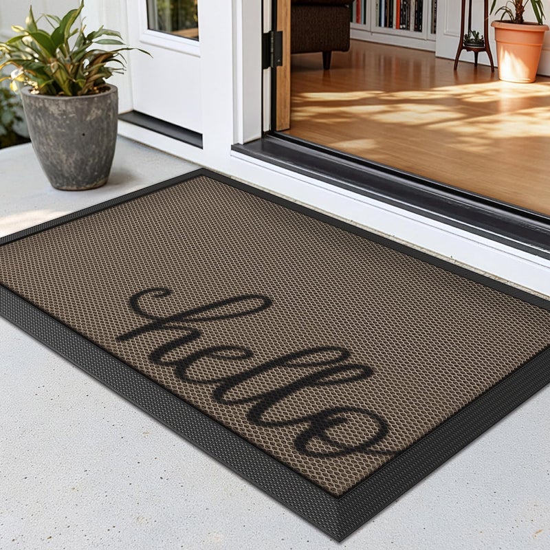 LUMI Outside Welcome Door Mat 17x30, Non Slip Durable Rubber Entrance Doormat, Low Profile Easy Clean Mats for Front Back Door Entryway Porch Garage, Hello - Image 1
