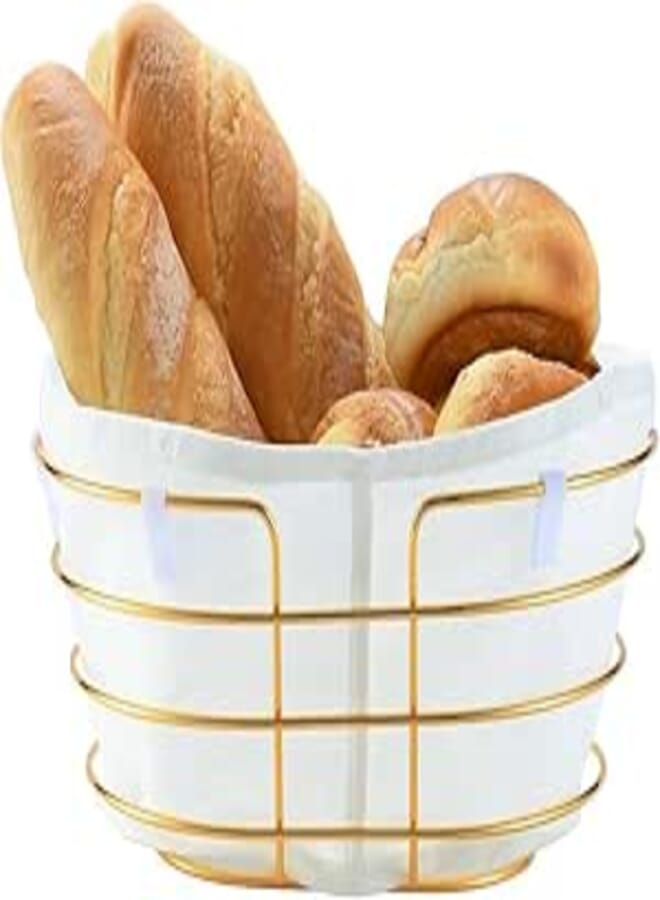 Generic Decorative Bread Basket with Gold Metal Frame, White Linen Liner, Multi-Purpose Food Storage Bowl for Home and Restaurant .bar
