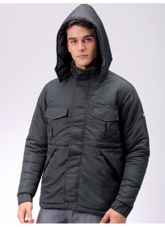 The Indian Garage Co Mens Black Slim Fit Quilted Hooded Zipper Placket Flap Pocket Winter Jacket  - Image 2