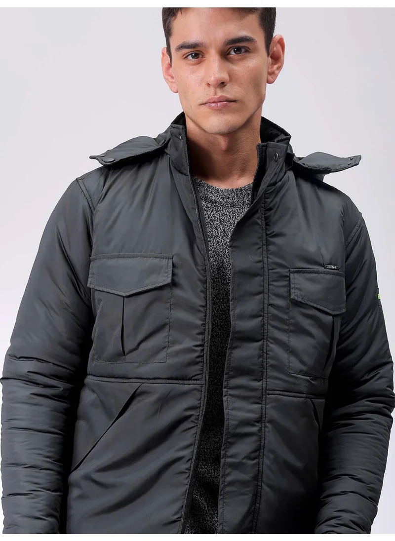 The Indian Garage Co Mens Black Slim Fit Quilted Hooded Zipper Placket Flap Pocket Winter Jacket