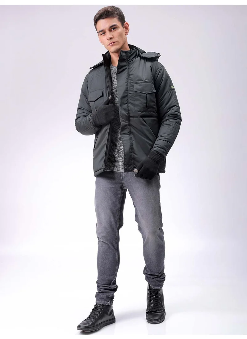 The Indian Garage Co Mens Black Slim Fit Quilted Hooded Zipper Placket Flap Pocket Winter Jacket