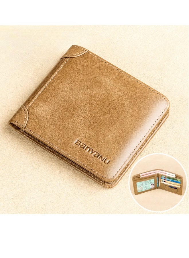 بانيانو محفظة رجالية أفقية من الجلد الأصلي رفيعة للغاية، محفظة جديدة من جلد البقر الكاكي - Image 1