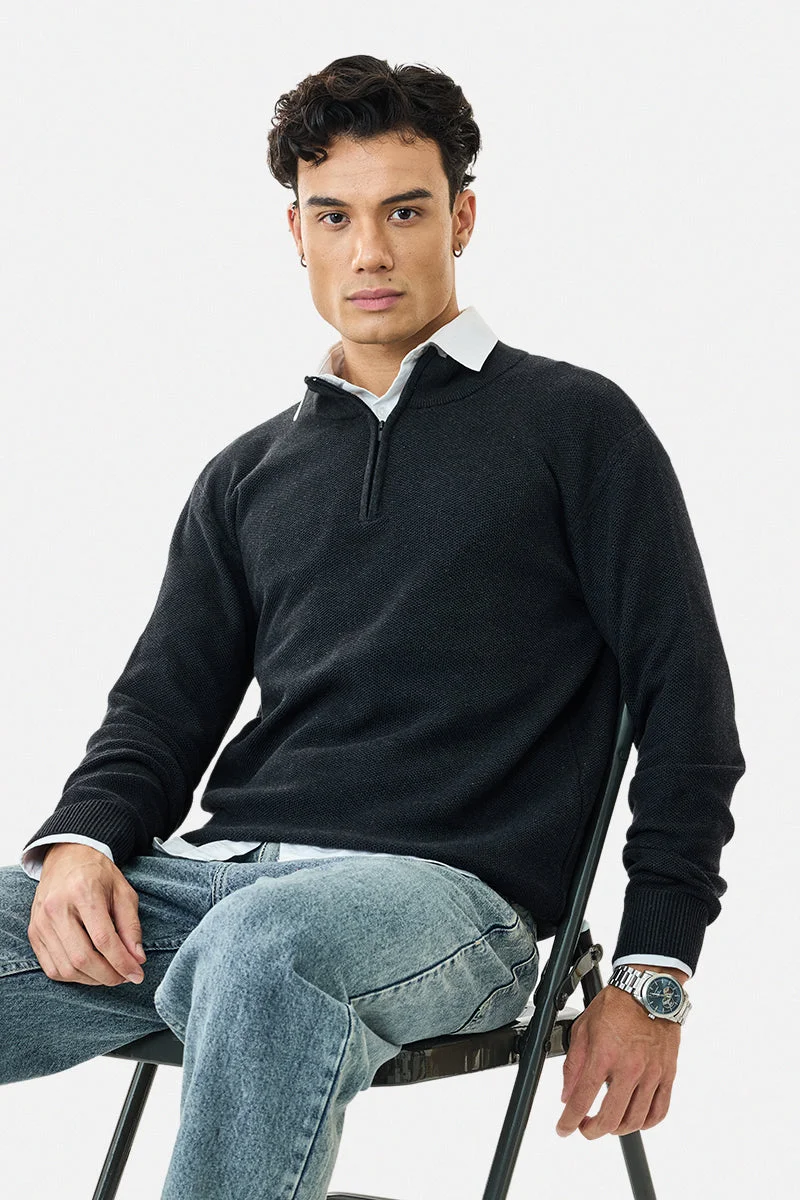 سنيتش Black Textured Long Sleeve Regular Fit Sweater