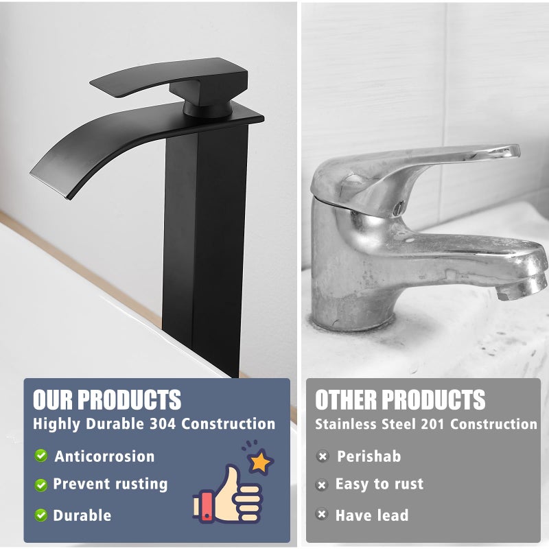 Rumose Tall Matte Black Bathroom Faucet With Pop Up Drain Modern Single Handle One Hole Bathroom Vessel Sink Faucet Waterfall Spout Rv Lavatory Vanity Faucet Deck Mount Mixer Tap  Stainless Steel - Image 5