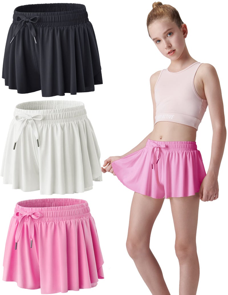 3 Pack Girls Flowy Shorts with Spandex Liner 2in1 Youth Butterfly Skirts for Fitness Running Sports Set 2 Youth XSmall