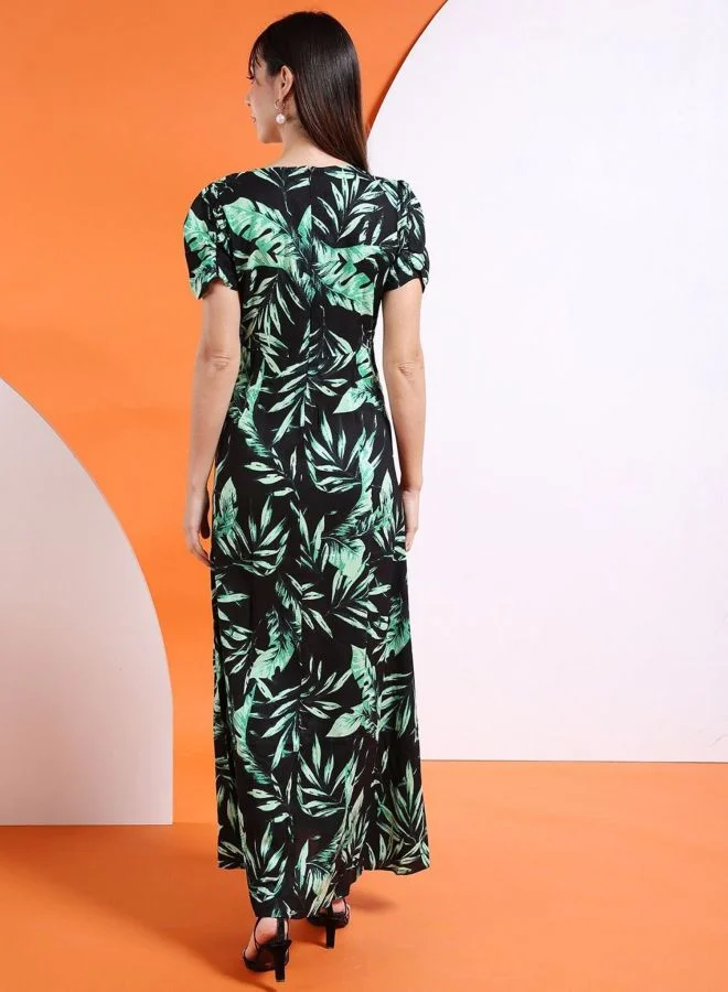 Freehand  Women Fit and Flared Tropical Printed V-Neck Short Sleeve Waist Cut Out Long Dress for Women | Best Price UAE