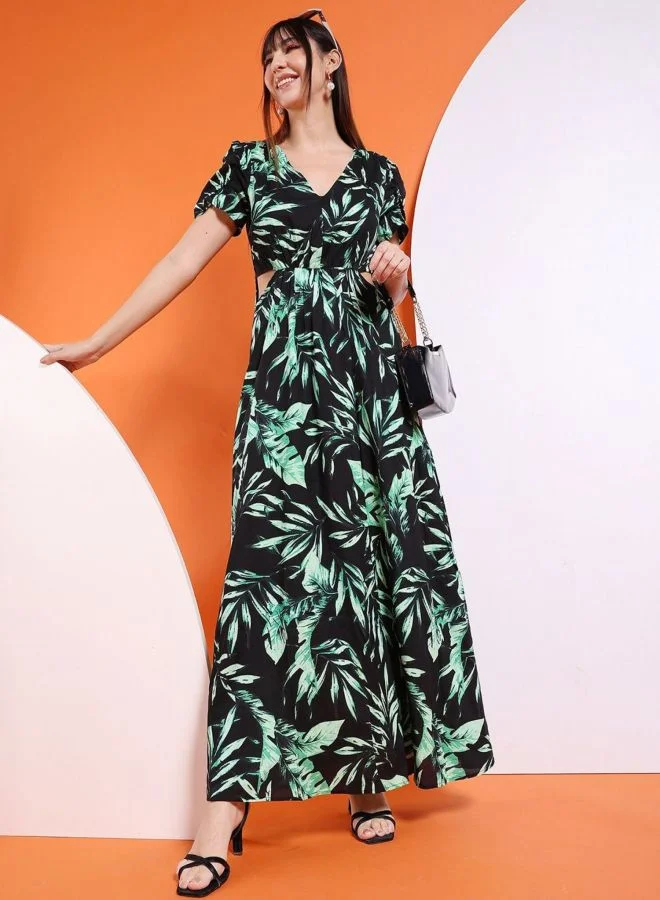 Freehand  Women Fit and Flared Tropical Printed V-Neck Short Sleeve Waist Cut Out Long Dress for Women | Best Price UAE