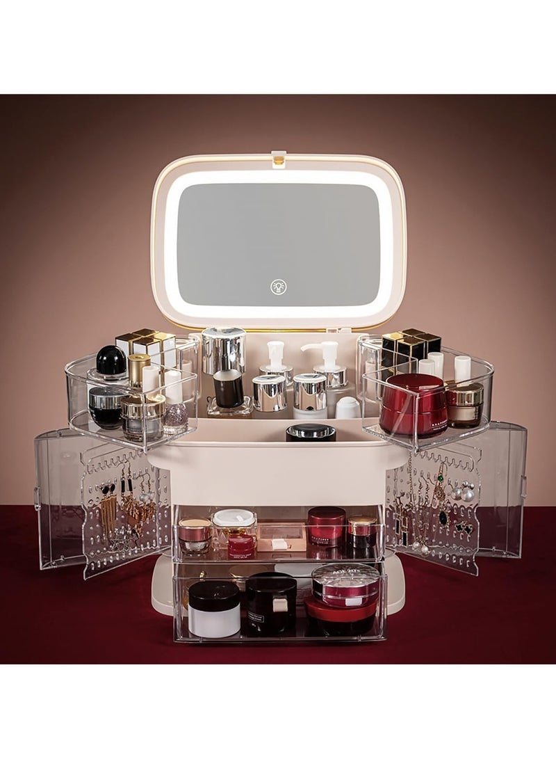 Makeup Organizer with LED Mirror Skin Care Organizer with Jewelry Holder Dustproof & Waterproof Portable Hand Strap Skincare Organizer for Bathroom Bedroom Countertop or Vanity(White) - Image 1