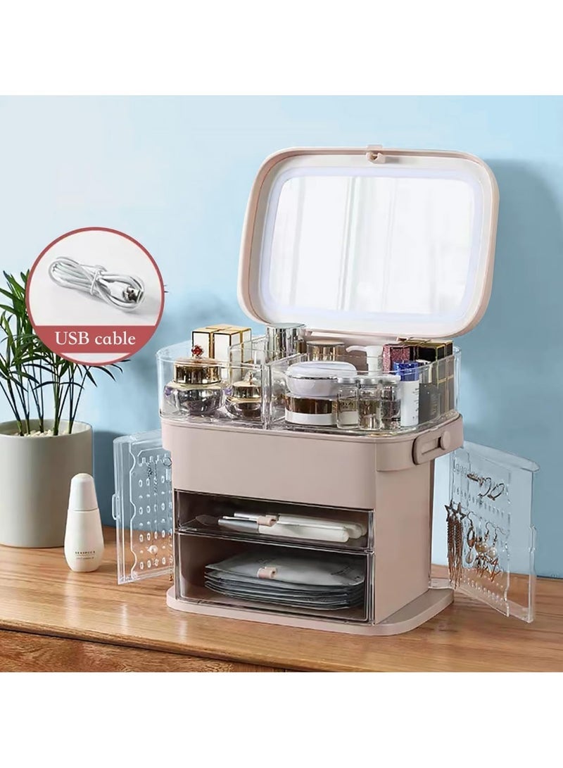 Makeup Organizer with LED Mirror Skin Care Organizer with Jewelry Holder Dustproof & Waterproof Portable Hand Strap Skincare Organizer for Bathroom Bedroom Countertop or Vanity(White) - Image 2