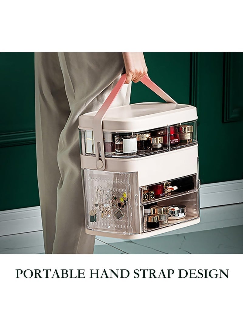 Makeup Organizer with LED Mirror Skin Care Organizer with Jewelry Holder Dustproof & Waterproof Portable Hand Strap Skincare Organizer for Bathroom Bedroom Countertop or Vanity(White) - Image 5