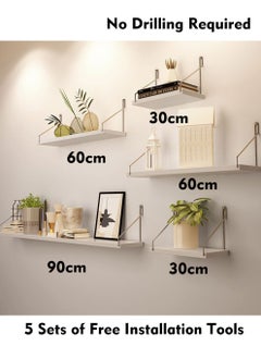 Old_Feller 5-Piece Home Book Shelves Set Floating Shelves for Wall Hanging Wood Shelf Wooden Shelves with Metal Brackets Hanging Shelf Wall Organizers for Home White Color Free Installation Tool  - Image 1