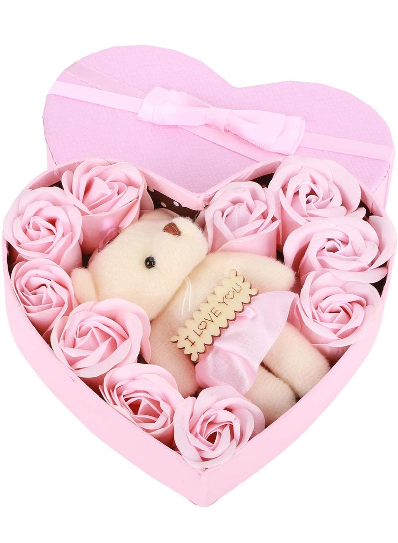 MileMelo Romantic Roses Flower Gift Box With Cute Teddy Bear And Tag I Love You Heart-shaped Artificial Rose Scented Bath Body Petal For Valentines Day Mother's Day Birthday Gift Pink  - Image 1