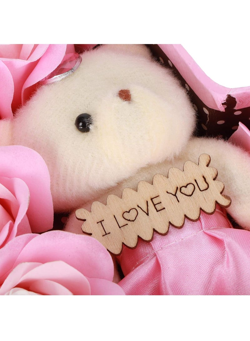 MileMelo Romantic Roses Flower Gift Box With Cute Teddy Bear And Tag I Love You Heart-shaped Artificial Rose Scented Bath Body Petal For Valentines Day Mother's Day Birthday Gift Pink  - Image 3