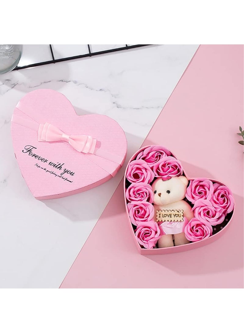 MileMelo Romantic Roses Flower Gift Box With Cute Teddy Bear And Tag I Love You Heart-shaped Artificial Rose Scented Bath Body Petal For Valentines Day Mother's Day Birthday Gift Pink  - Image 4