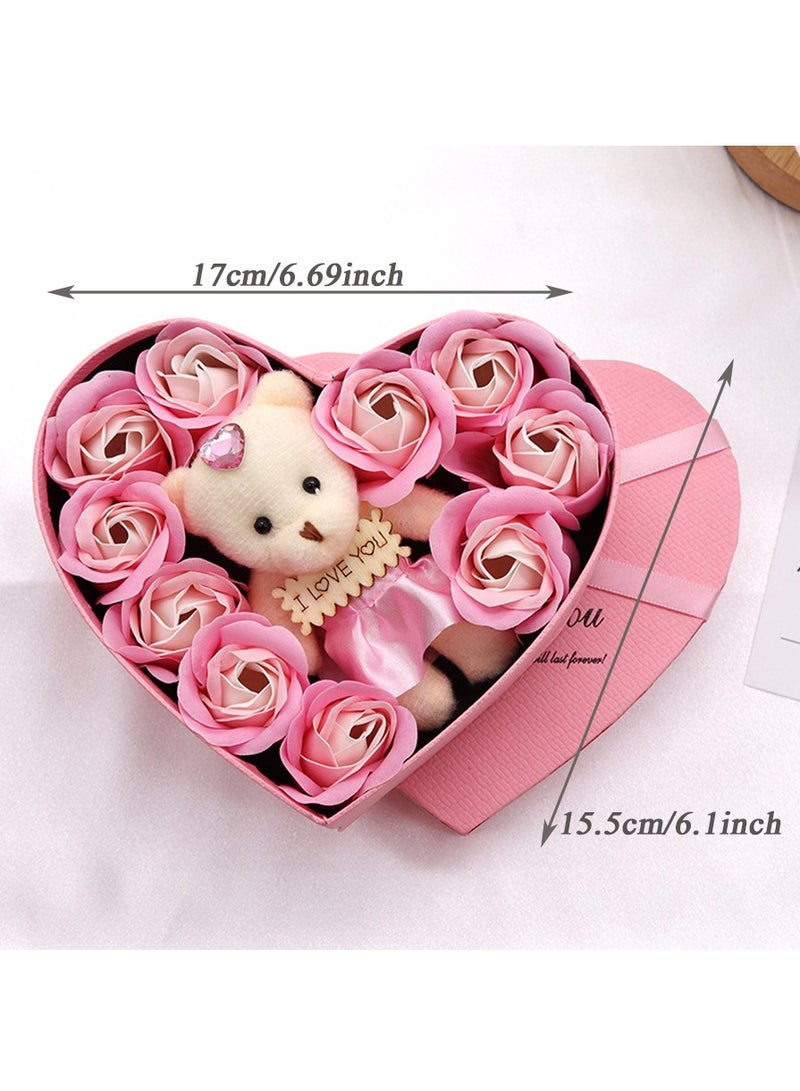 MileMelo Romantic Roses Flower Gift Box With Cute Teddy Bear And Tag I Love You Heart-shaped Artificial Rose Scented Bath Body Petal For Valentines Day Mother's Day Birthday Gift Pink  - Image 2