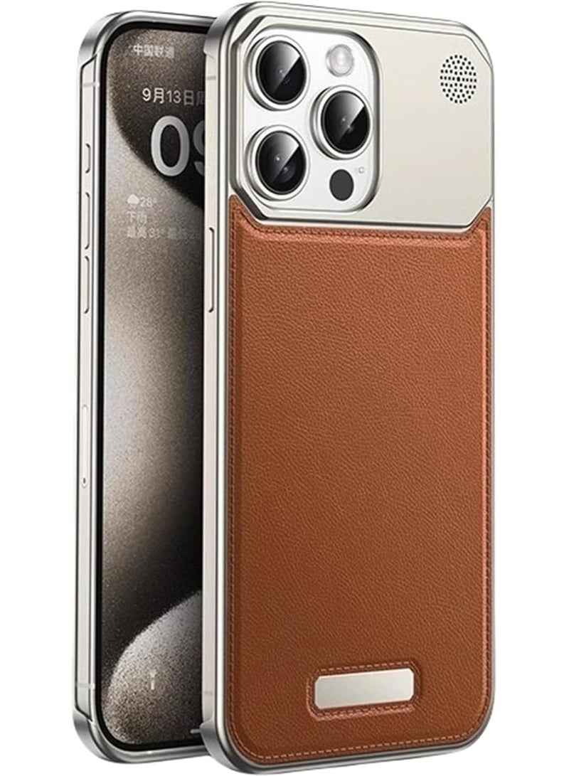 Aviation Aluminum Alloy Leather Case for iPhone 15 Pro max , Slim Fit Metal Case, Lightweight Top-Grain Leather Phone Case, Magsafe Compatible, Built-in Fragrance Diffuser,brown  - Image 1