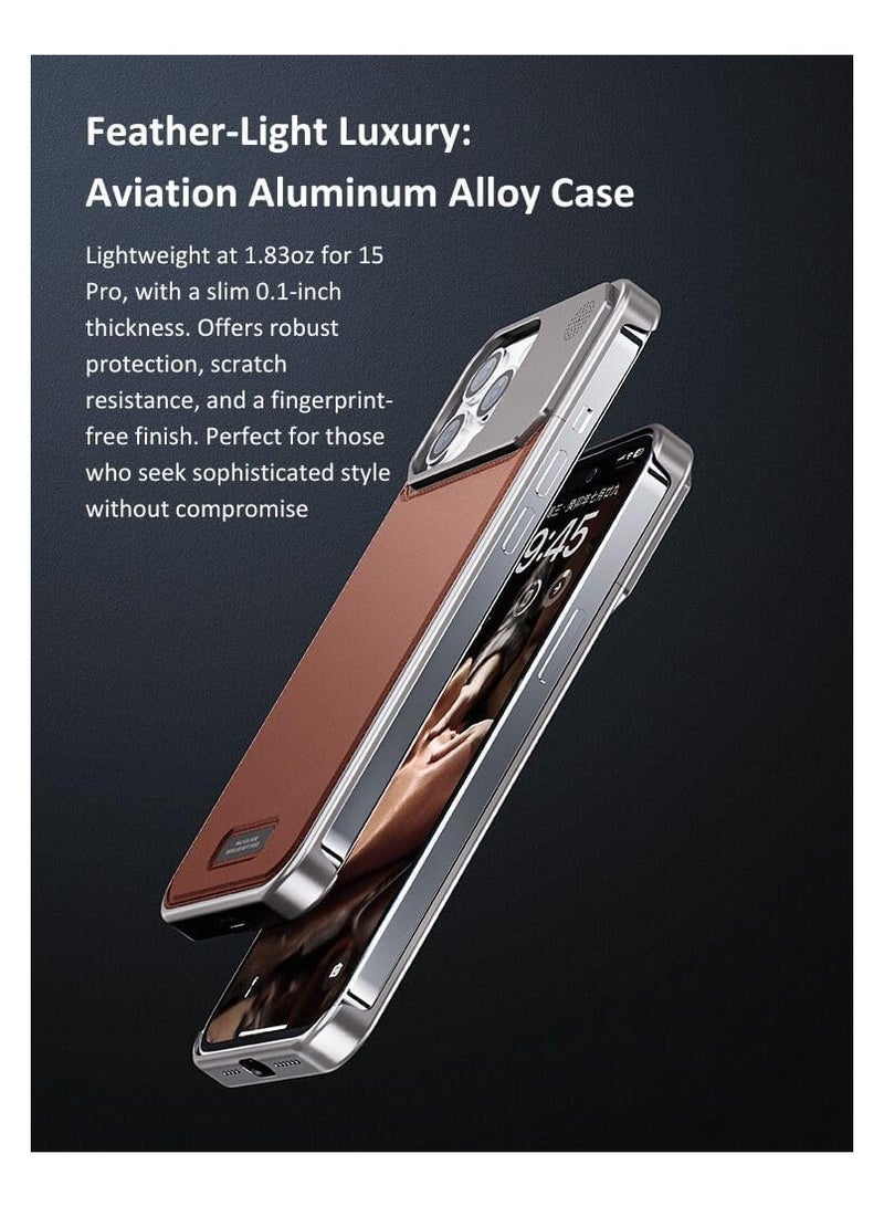 Aviation Aluminum Alloy Leather Case for iPhone 15 Pro max , Slim Fit Metal Case, Lightweight Top-Grain Leather Phone Case, Magsafe Compatible, Built-in Fragrance Diffuser,brown  - Image 2