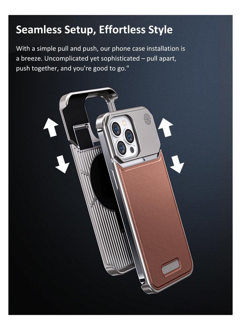 Aviation Aluminum Alloy Leather Case for iPhone 15 Pro max , Slim Fit Metal Case, Lightweight Top-Grain Leather Phone Case, Magsafe Compatible, Built-in Fragrance Diffuser,brown  - Image 3